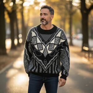 NOVO Vintage 80's Textured Sweater Mens Large Black Gray Cream Chunky 3D VTG